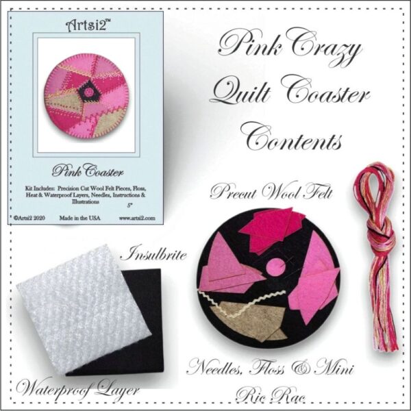 Contents of the Pink Coaster Hand Embroidery Stitch Kit includes precuts felt, floss, needles, Insulbrite and Waterproof layer