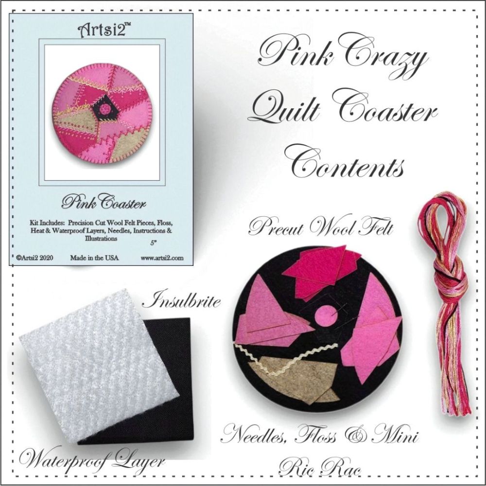 Contents of the Pink Coaster Hand Embroidery Stitch Kit includes precuts felt, floss, needles, Insulbrite and Waterproof layer