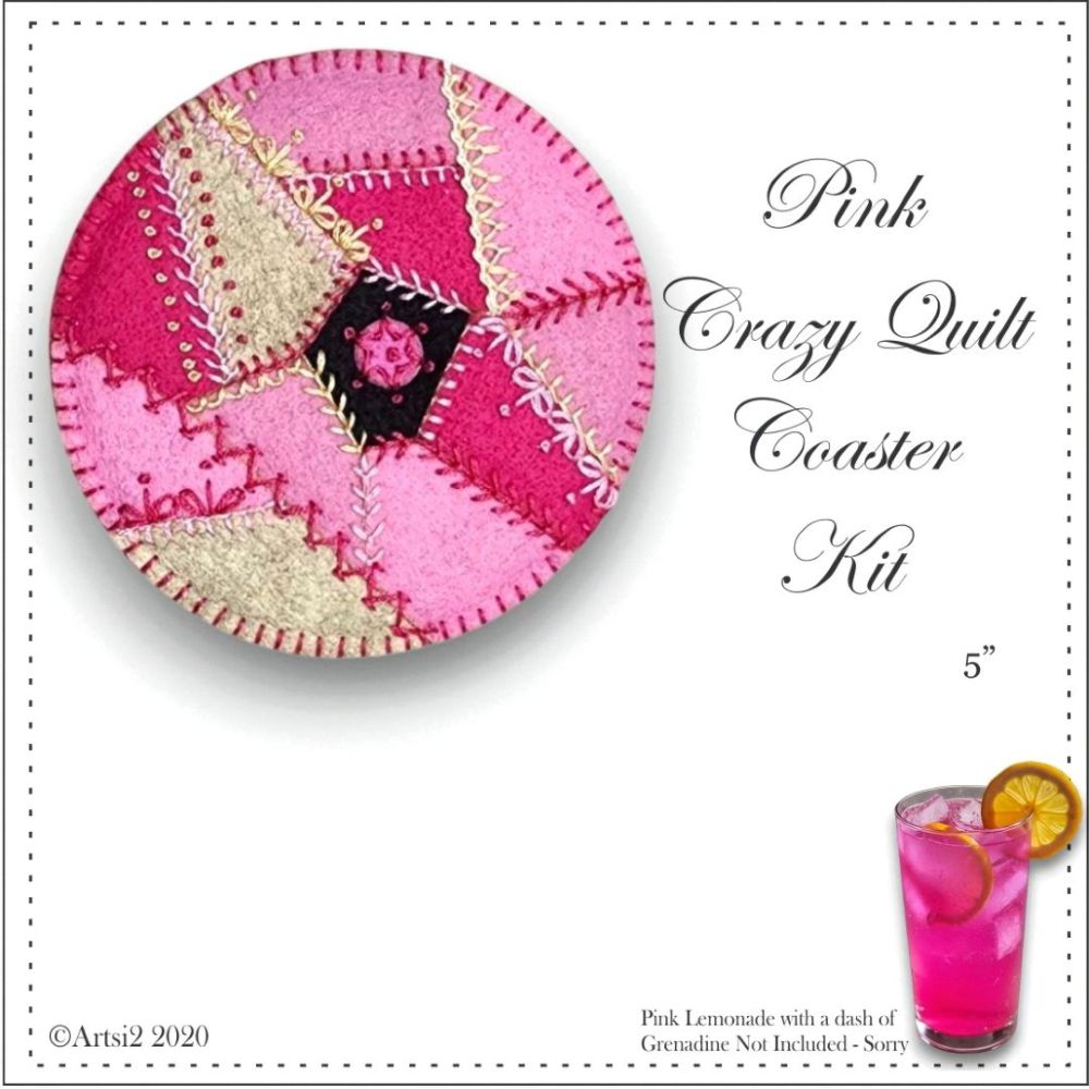 The finished Crazy Quilt Coaster with Pink Lemonade
