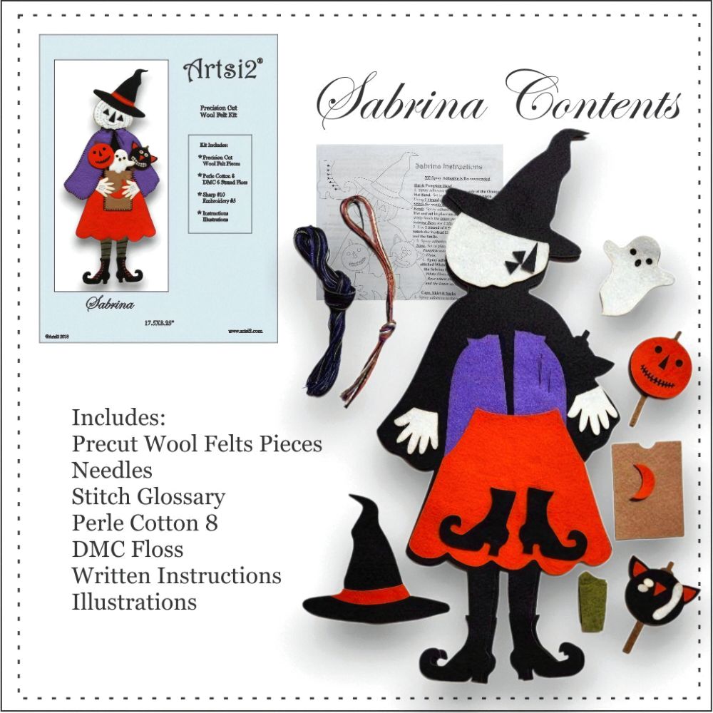 Sabrina Embroidery Kit contents include; precut wool felt pieces, dmc floss, perle cotton 8, needles and written instructions