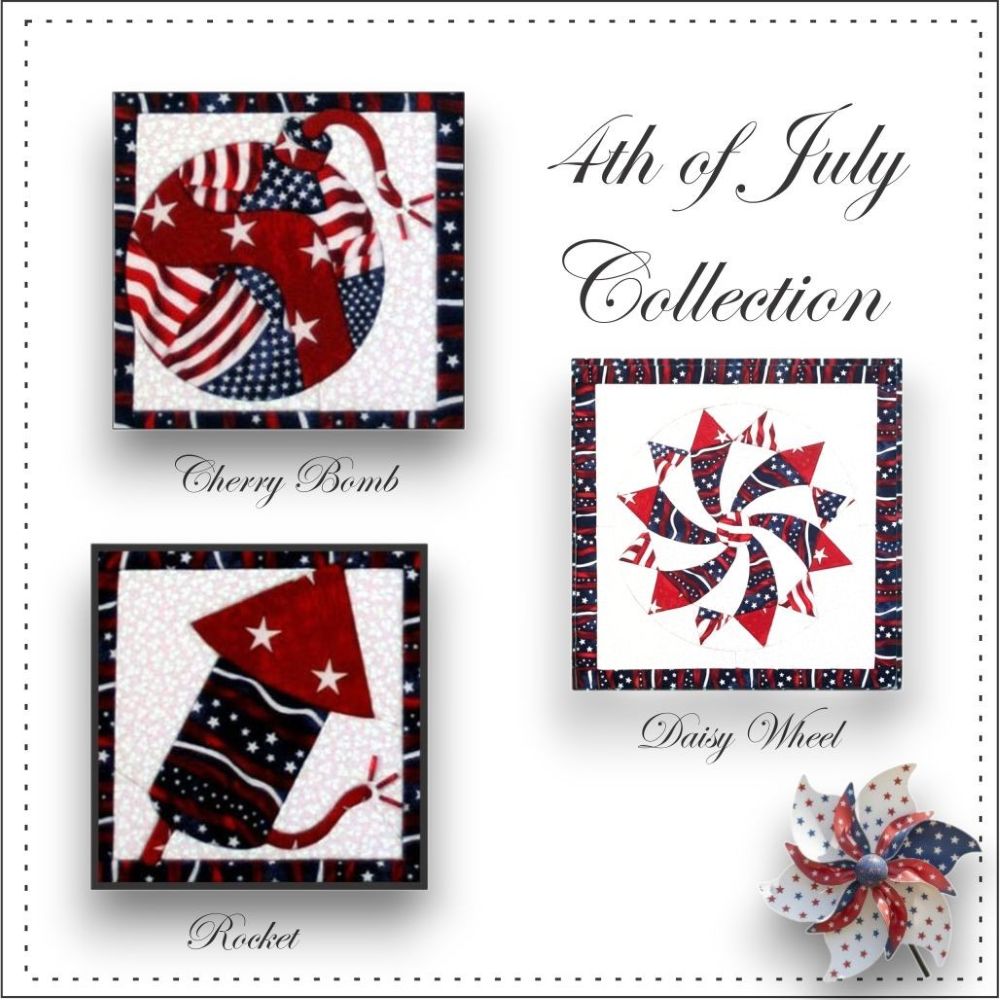 Finished 4th of July Crafts with Cherry Bomb, Rocket and Daisy Wheel